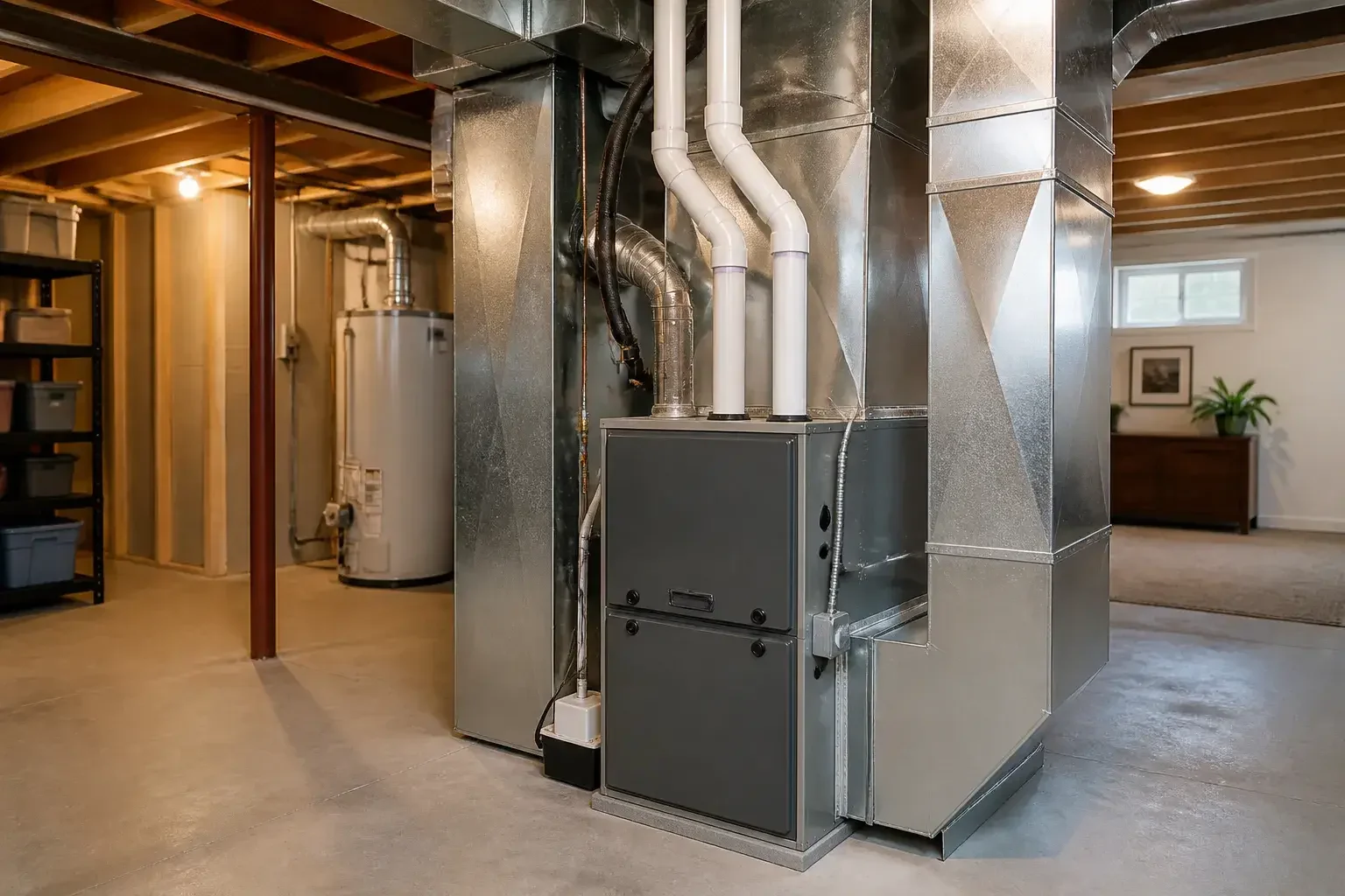 Finished furnace and ductwork upgrade in a tidy basement