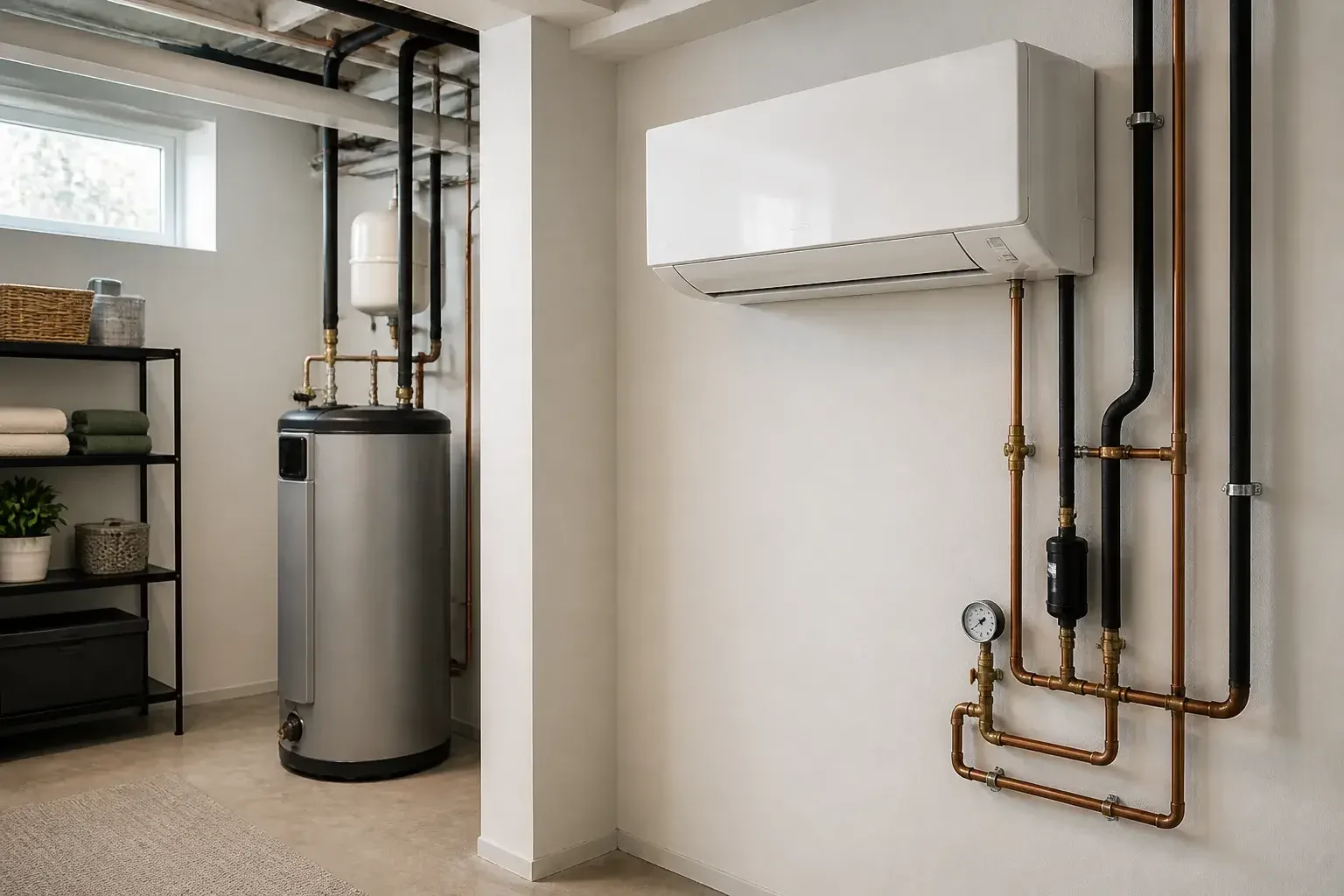 Clean heat pump installation in a bright mechanical room