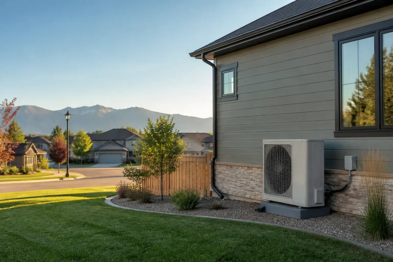 Modern heat pump condenser beside a quiet home exterior