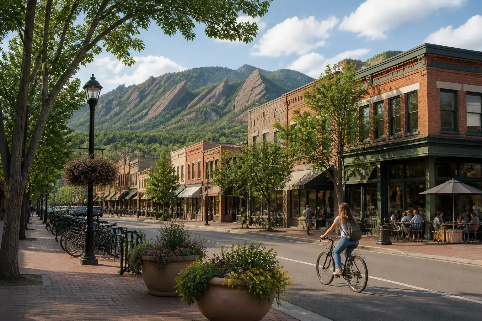 Boulder street scene with trees and foothills