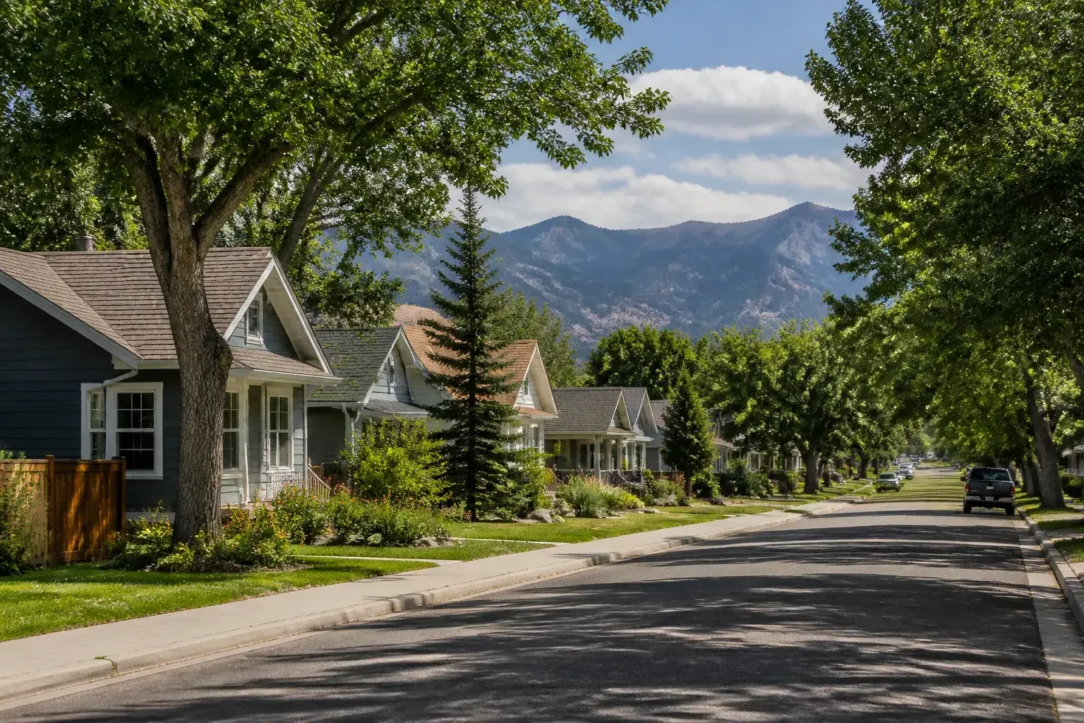Longmont neighborhood street with foothills in the distance