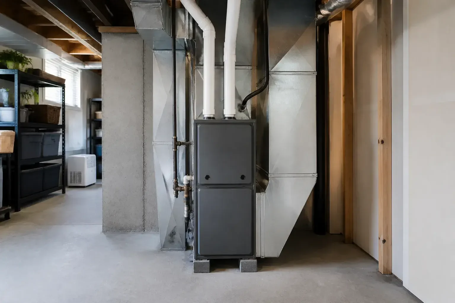 Restored furnace in a clean basement utility space