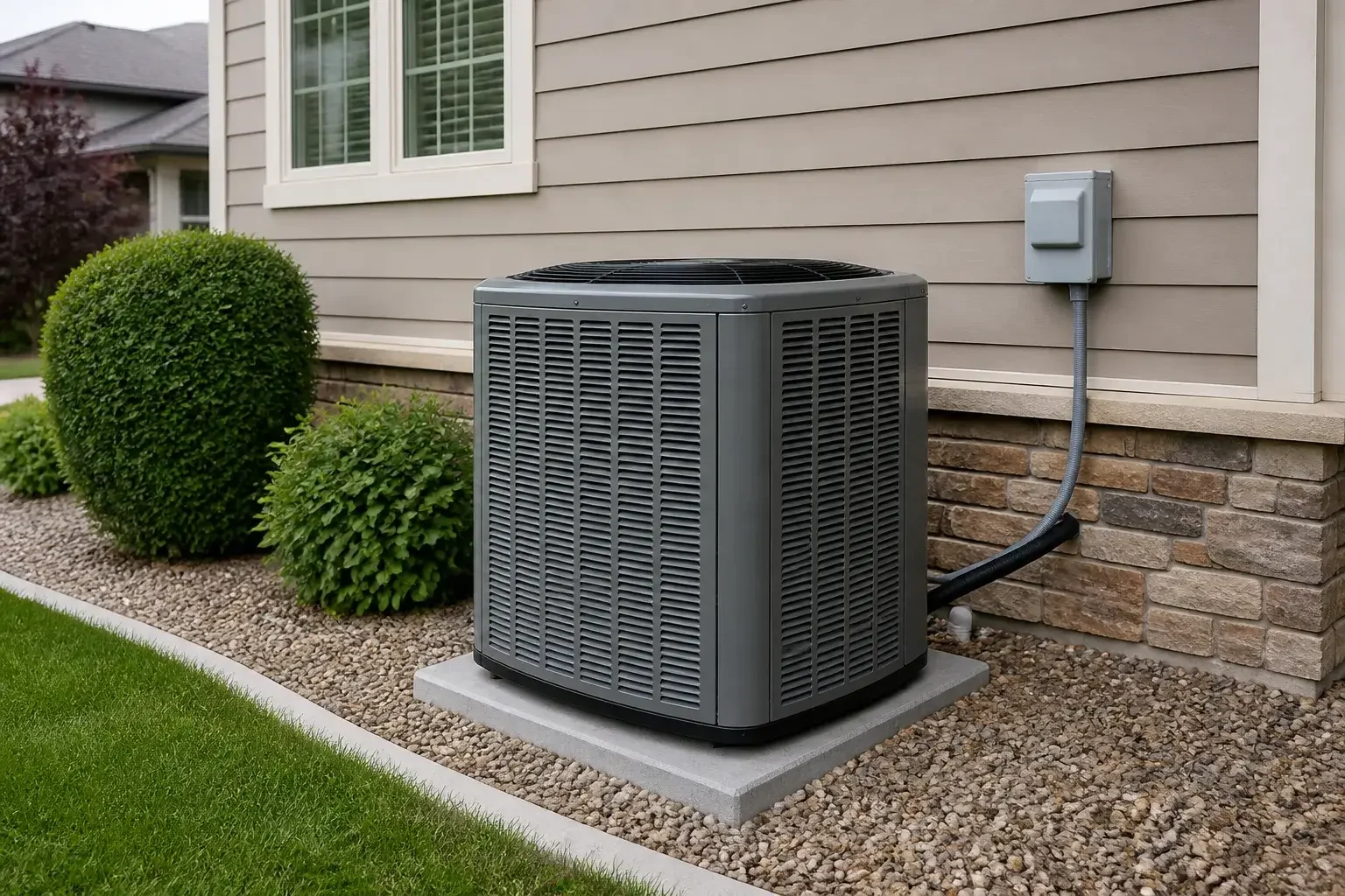 New AC condenser installed beside a suburban home